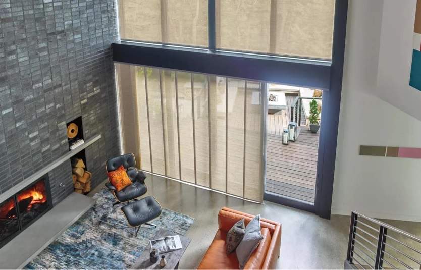 custom blinds-a view from overhead of a modern living room with custom window treatments